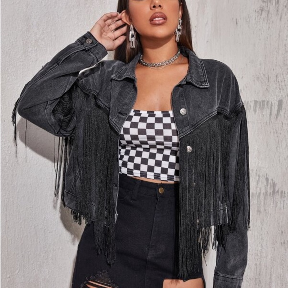 Women's Black Fringe Denim Jacket - Statement Jean Coat - Picture 3 of 5